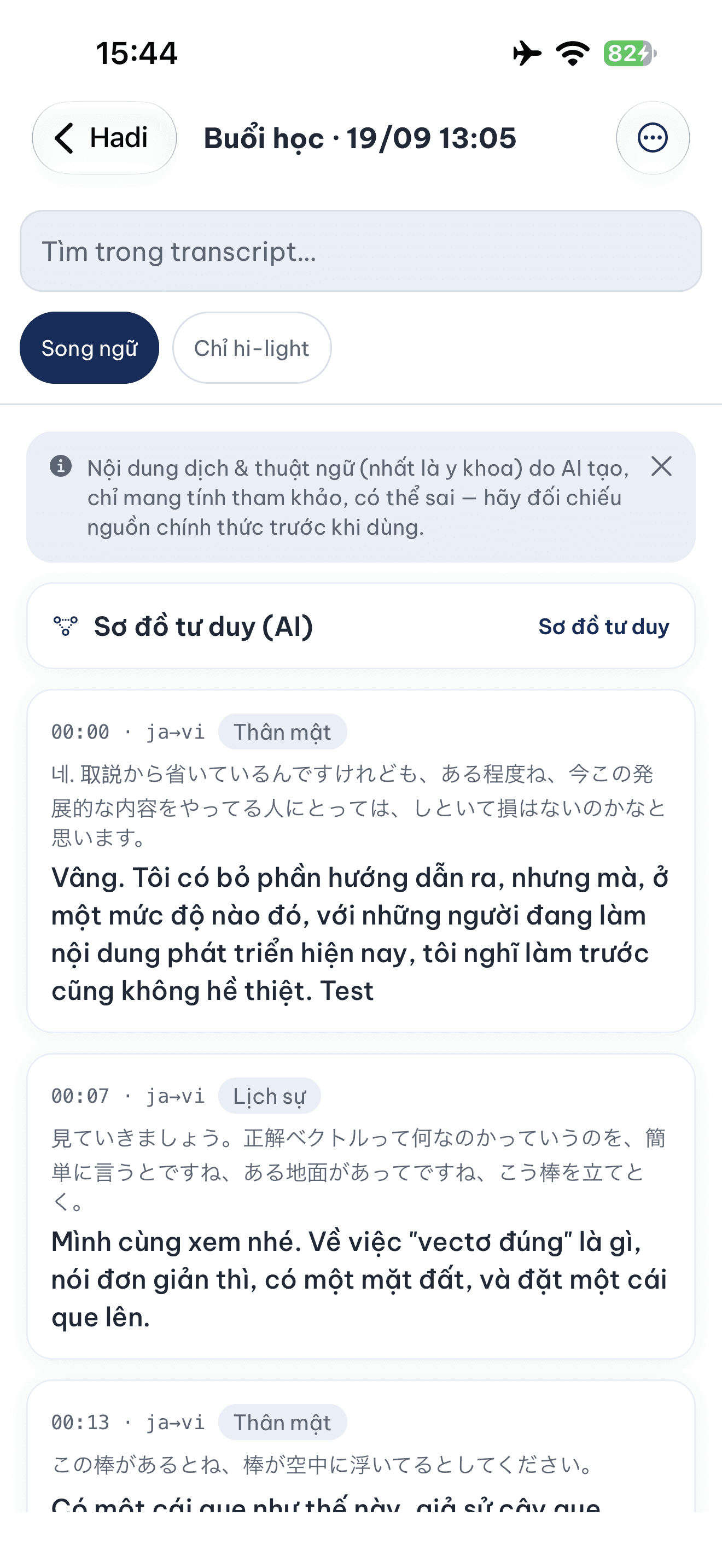 Hadi mở một buổi học khi máy đang bật chế độ máy bay, transcript vẫn hiện đầy đủ