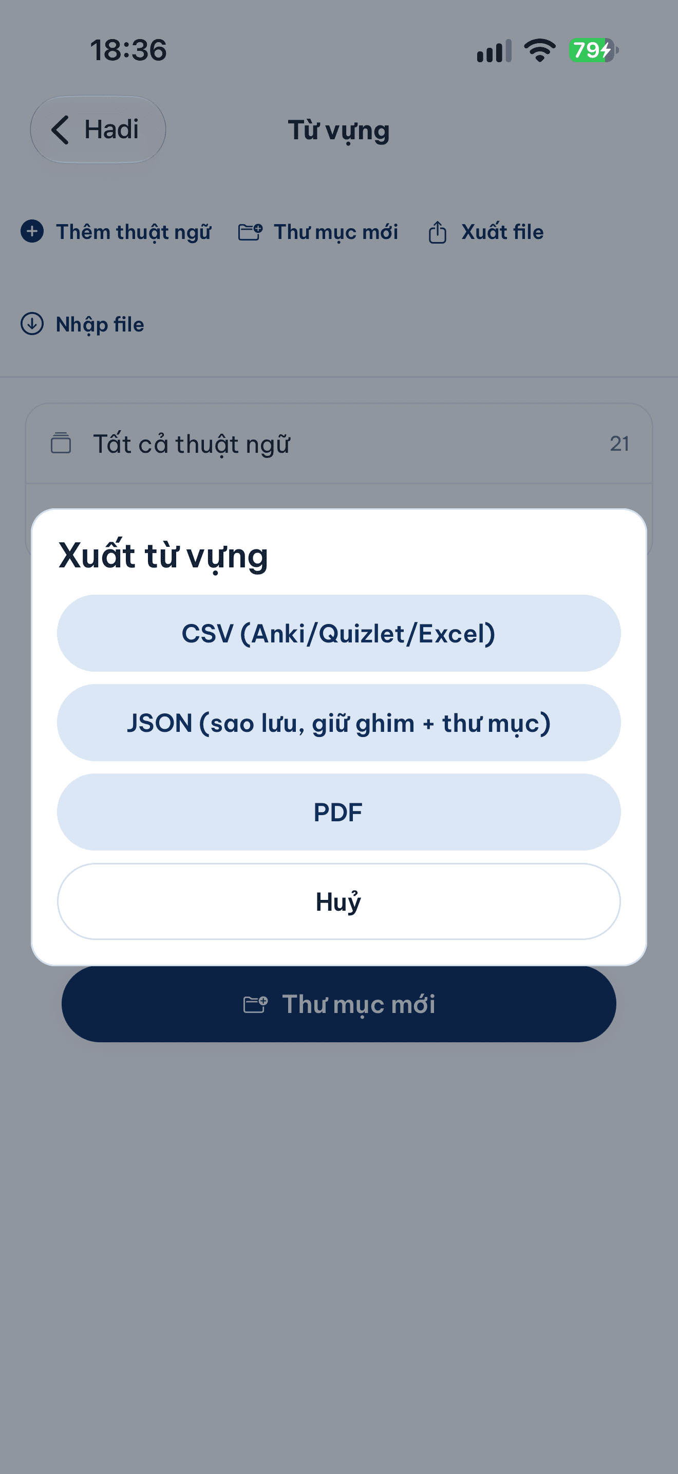 Màn từ vựng đang chọn vài thư mục để xuất, nút Xuất CSV hiện ở thanh dưới