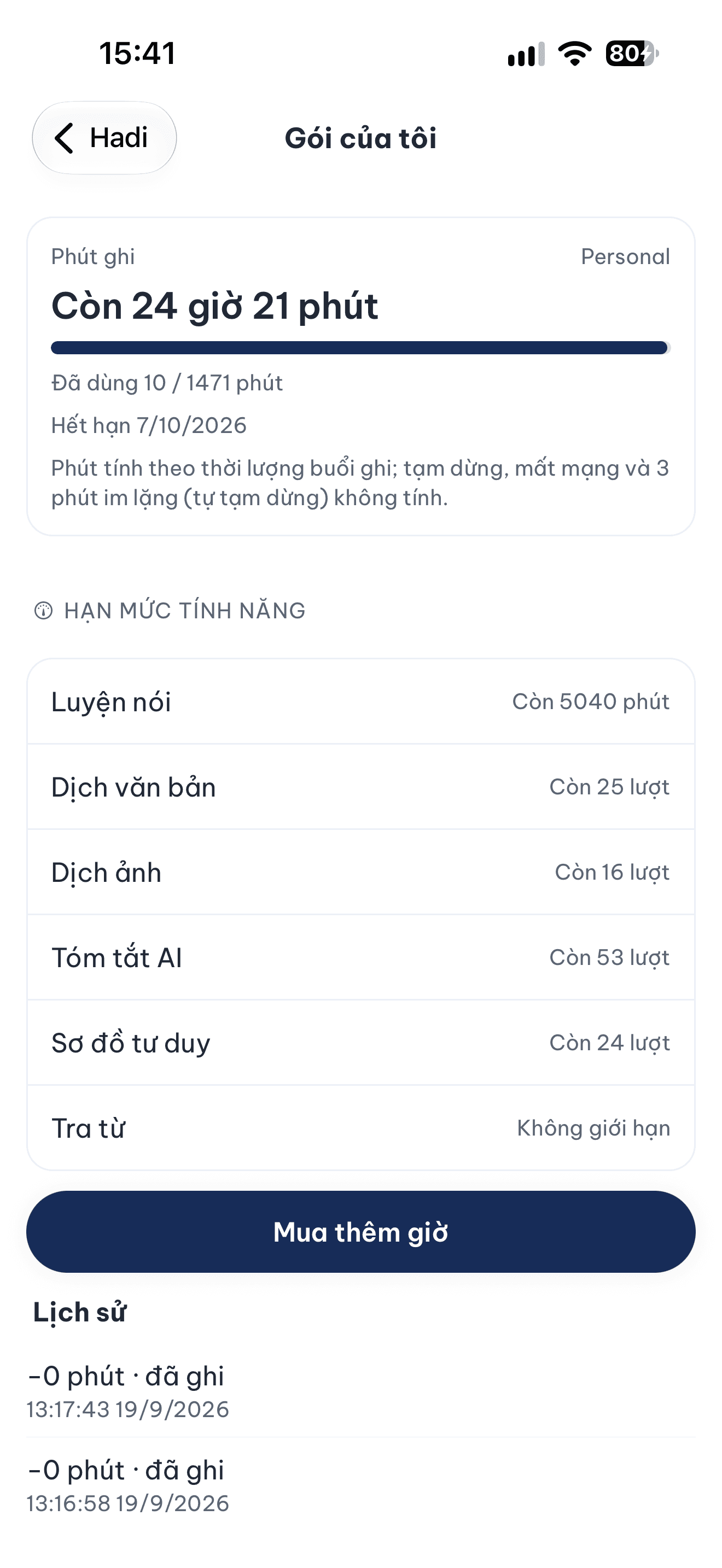 Màn Gói của tôi liệt kê các gói giờ ghi kèm giá và số phút của từng gói