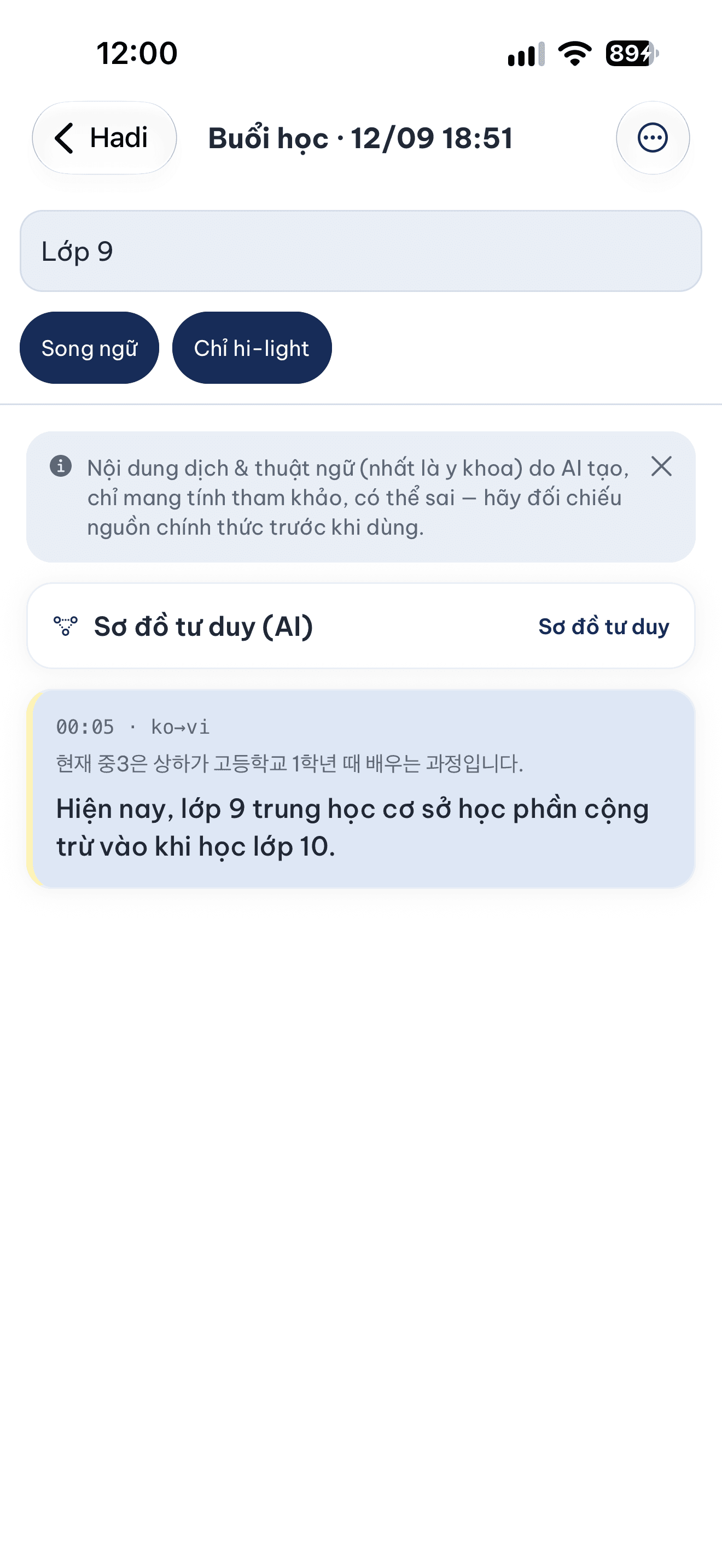 Màn một buổi học với ô tìm trong transcript và chip lọc Chỉ highlight đang bật