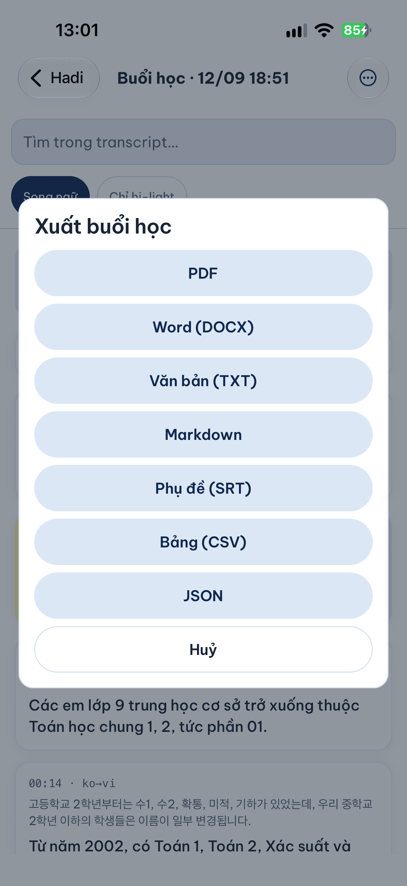 Bảng Xuất file mở ra với các lựa chọn PDF, Word, TXT, Markdown, SRT và tuỳ chọn song ngữ
